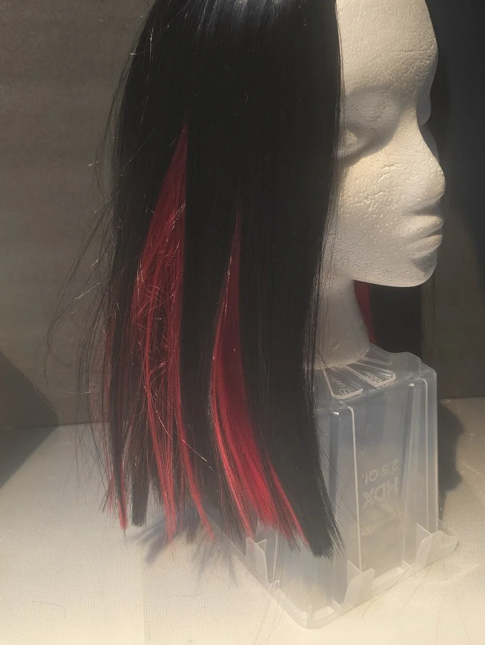 Black Med Length Bob Wig Striking Red Peekaboo Highlites All Around.Eaay Styling